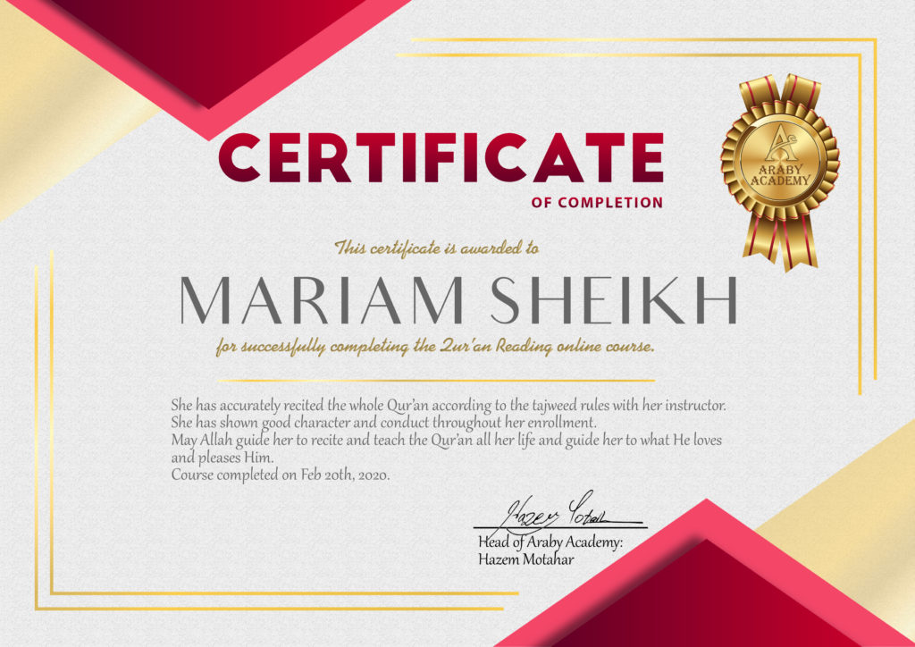 Mariam Sheikh Quran Reading Completion Certificate