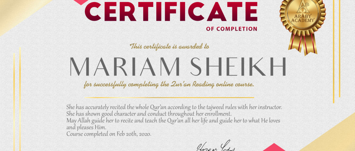 Mariam Sheikh Quran Reading Completion Certificate