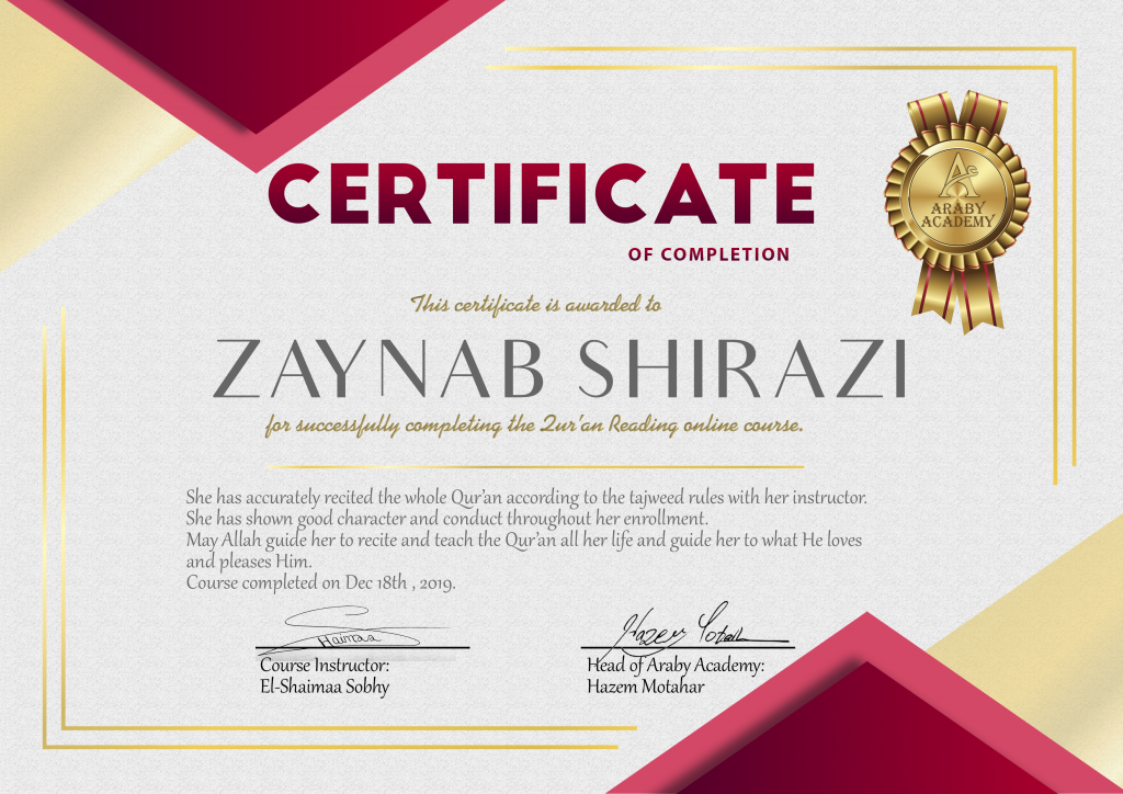 Zaynab Shirazi Quran Reading Completion Certificate