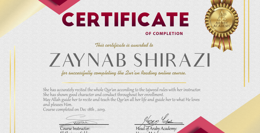 Zaynab Shirazi Quran Reading Completion Certificate – Araby Academy