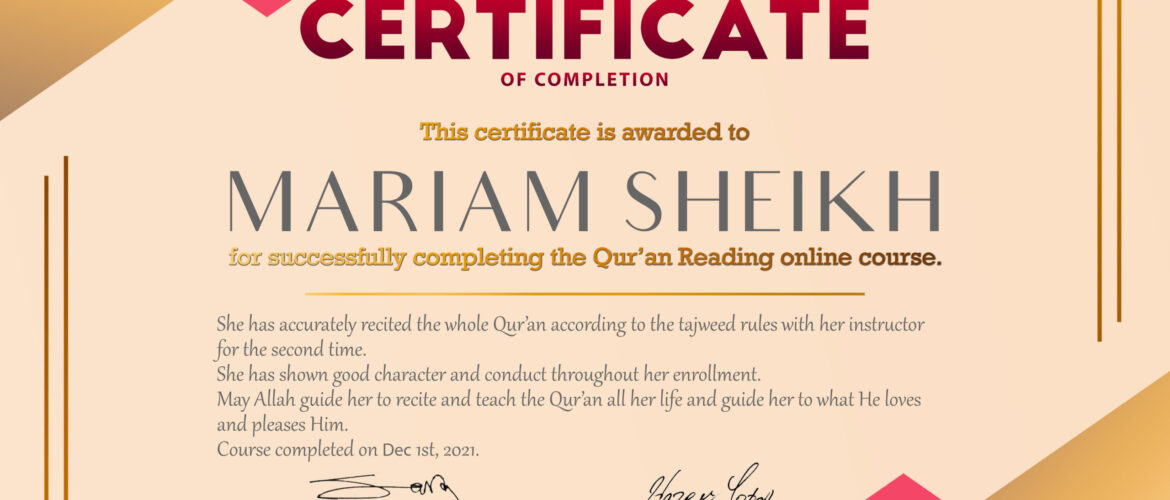 Mariam Sheikh Second Qur'an Reading Completion Certificate.